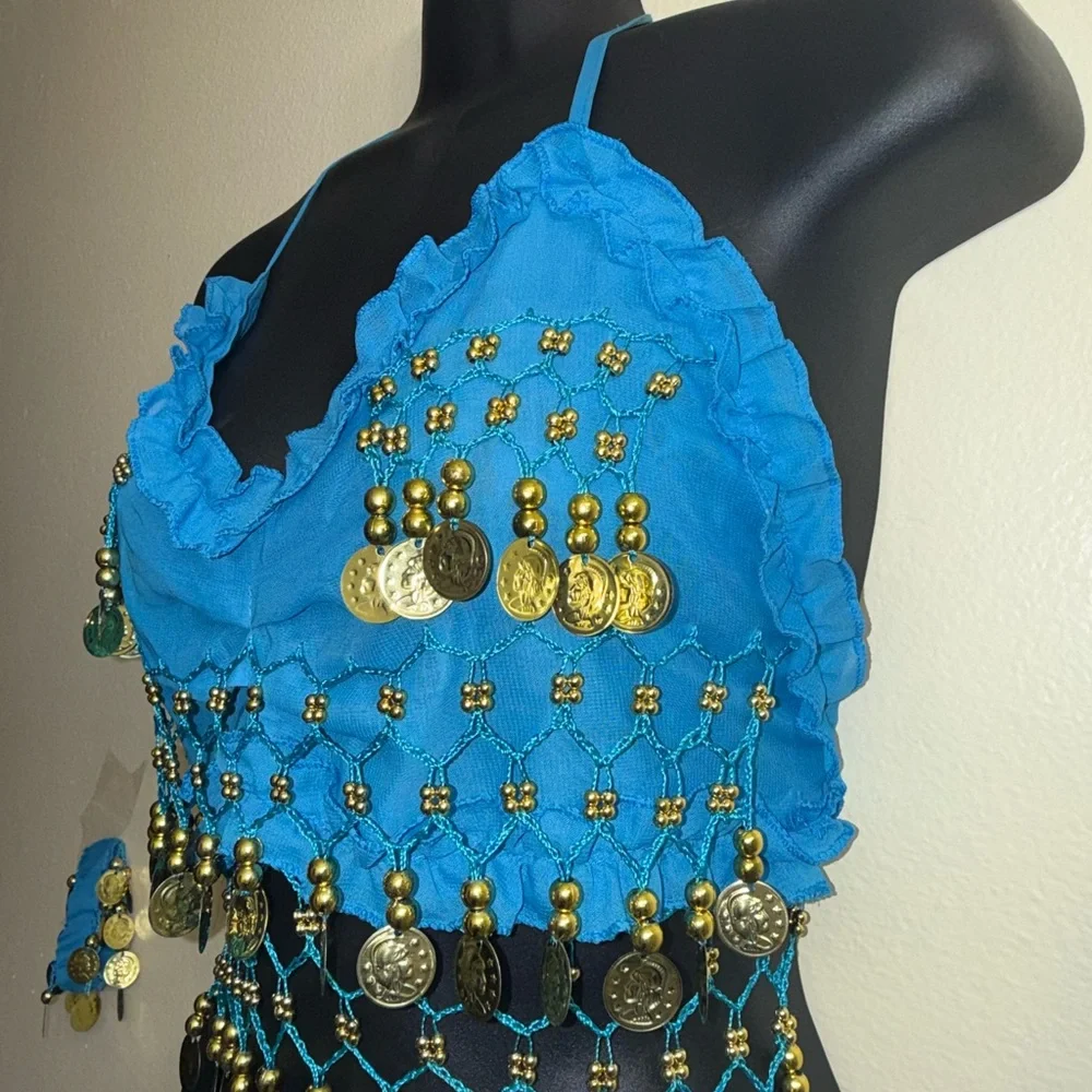 Girls Belly‎ Dance Costume Youth 10-12 Turquoise Coin Bra Skirt Set Cabaret